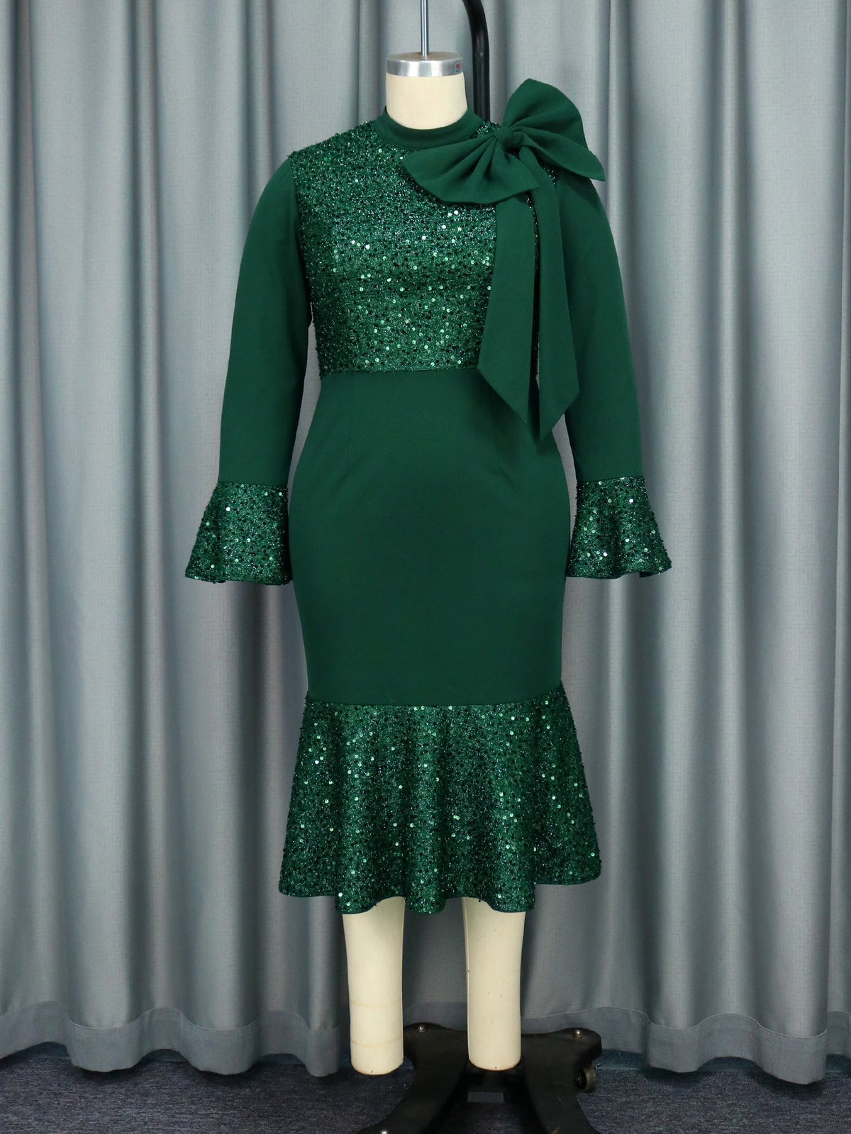 Sequin High Neck Bell Sleeve Fishtail Bodycon Midi Party Dress - View 2
