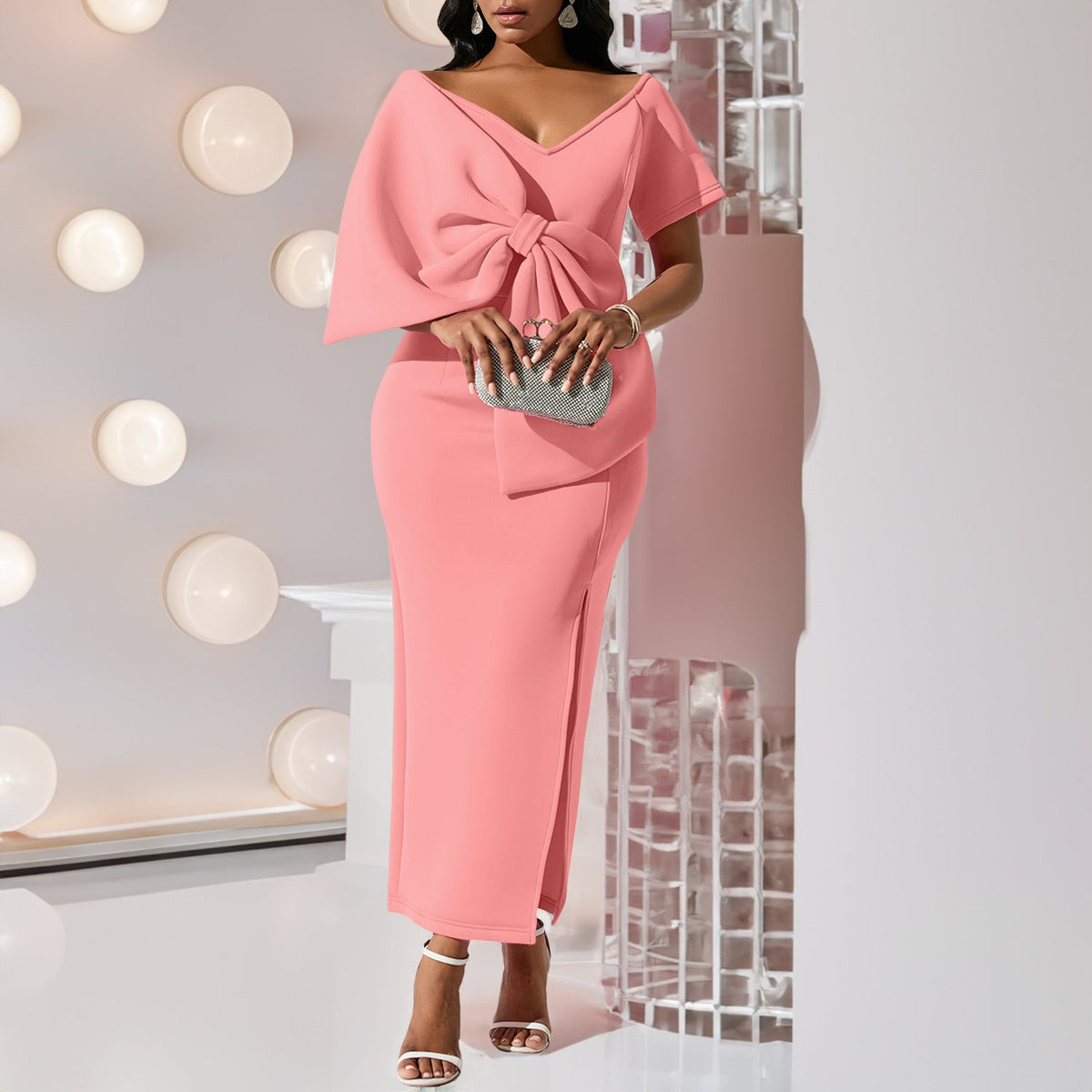 Satin Cowl Neck Backless High Split Slip Maxi Dress - View 5