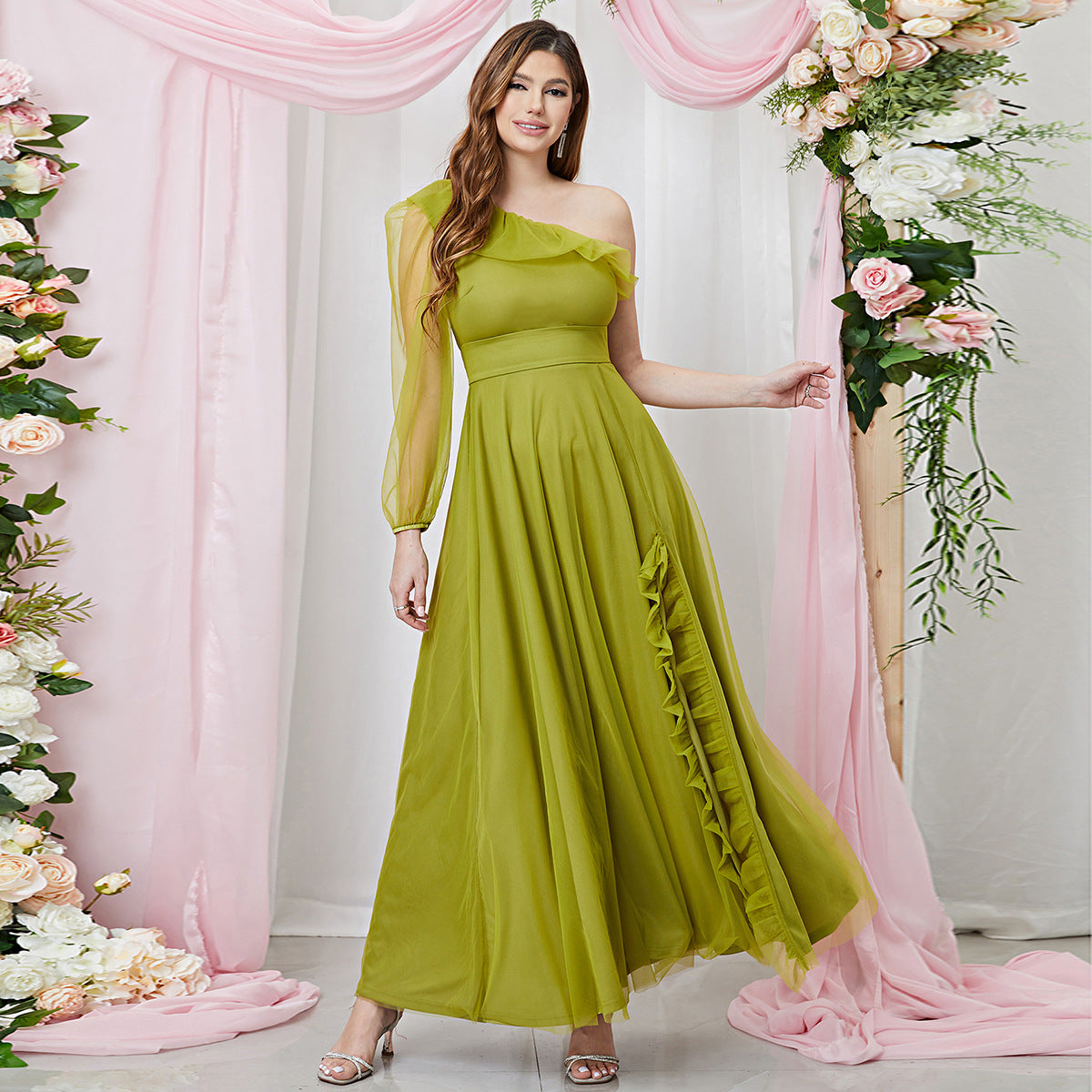 Maxi Large Slant Shoulder High Slit Cocktail Senior Evening Dress - View 7