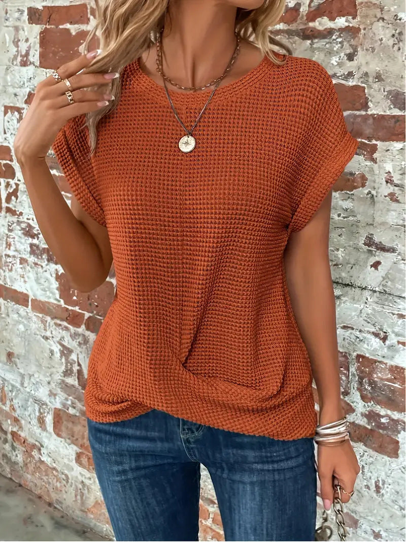 Waffle Knit Round Neck Short Sleeve Twist Front Top 5