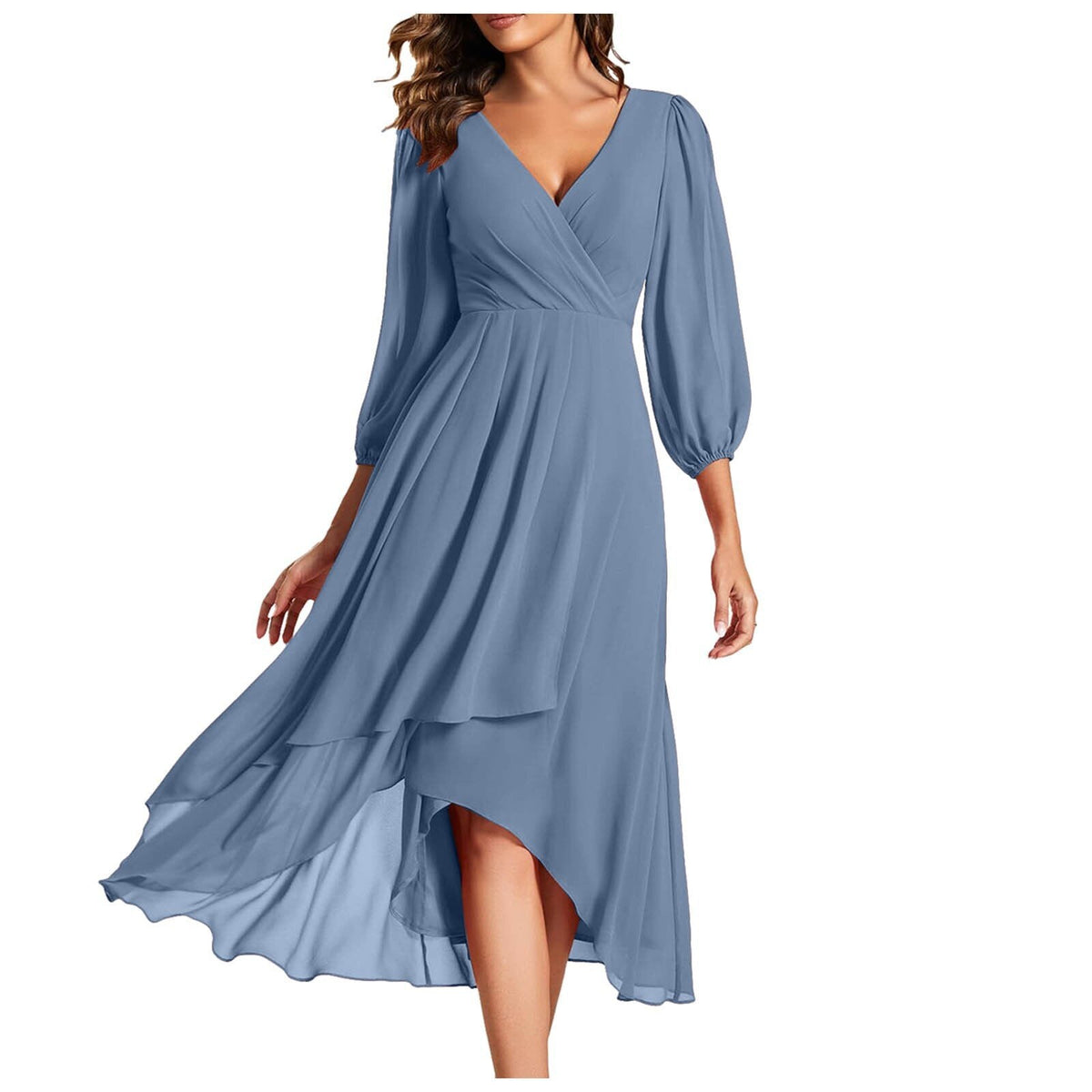 Chiffon Wrap V-Neck Puff Sleeve High Low Midi Dress 6