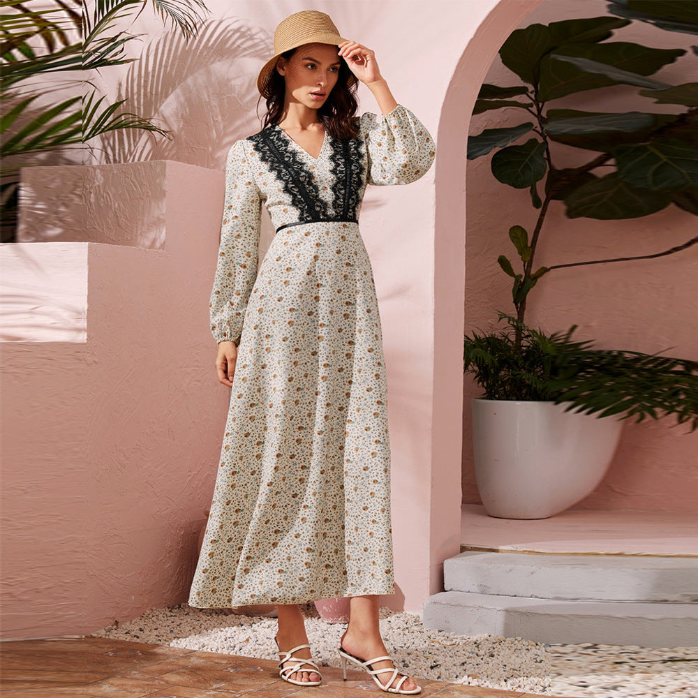 Floral Deep V-Neck Lace Trim Bishop Sleeve A-Line Maxi Dress - View 2