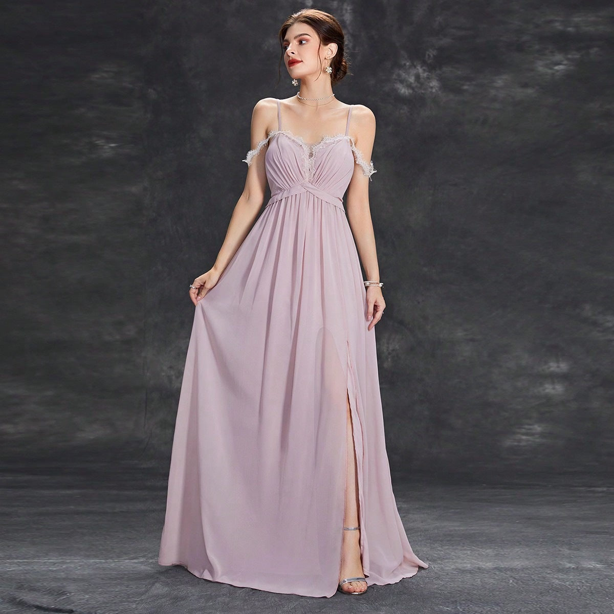 Spaghetti Strap Cold Shoulder Lace Trim High Split Chiffon Maxi Dress - View 2