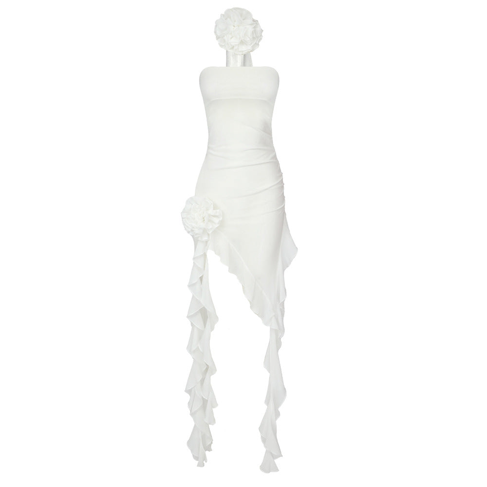 3D Floral Strapless Ruched Ruffle High Low Mini Dress - View 5