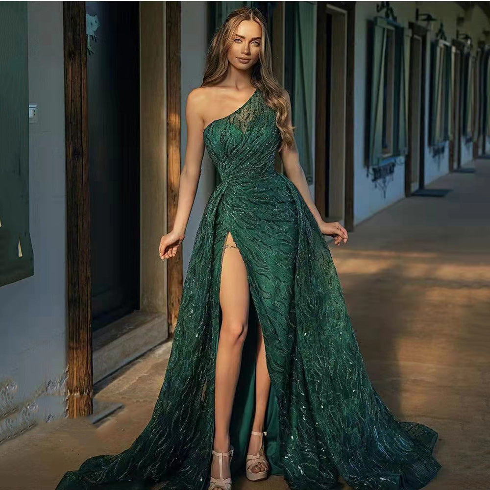 Sequin One Shoulder High Split Maxi Evening Gown - View 8