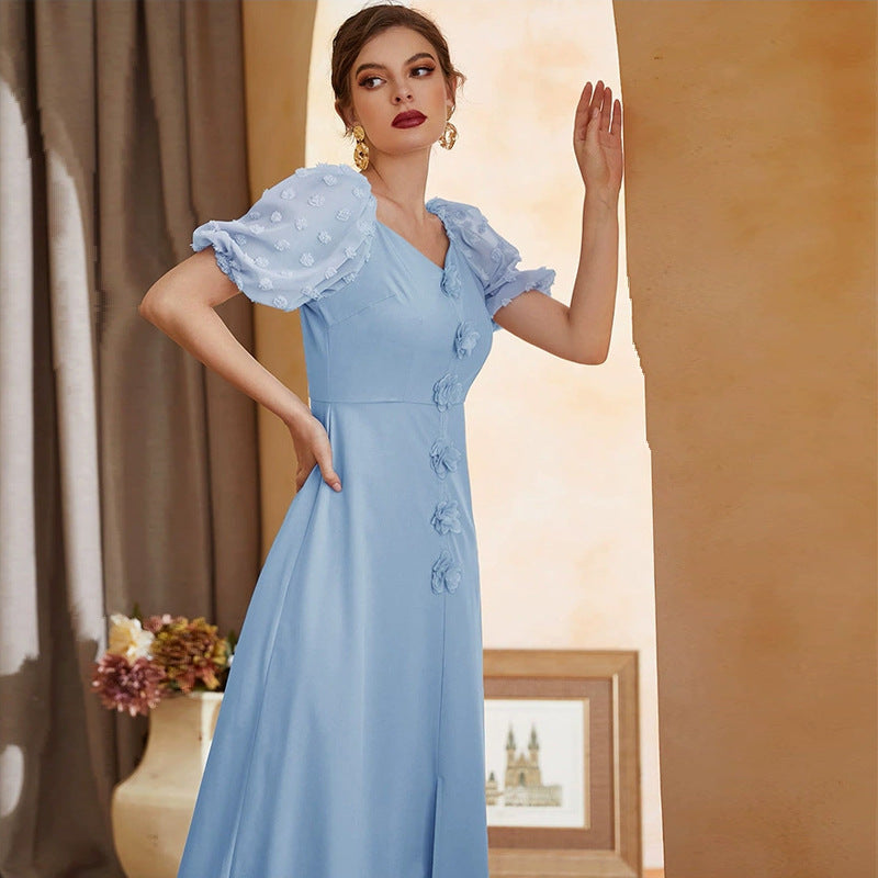 Rose Applique Sweetheart Swiss Dot Puff Sleeve Maxi Dress - View 3
