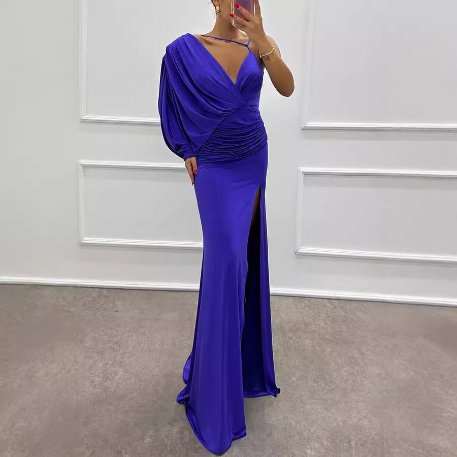 Asymmetric One Sleeve Deep V-Neck Ruched High Split Knit Maxi Gown
