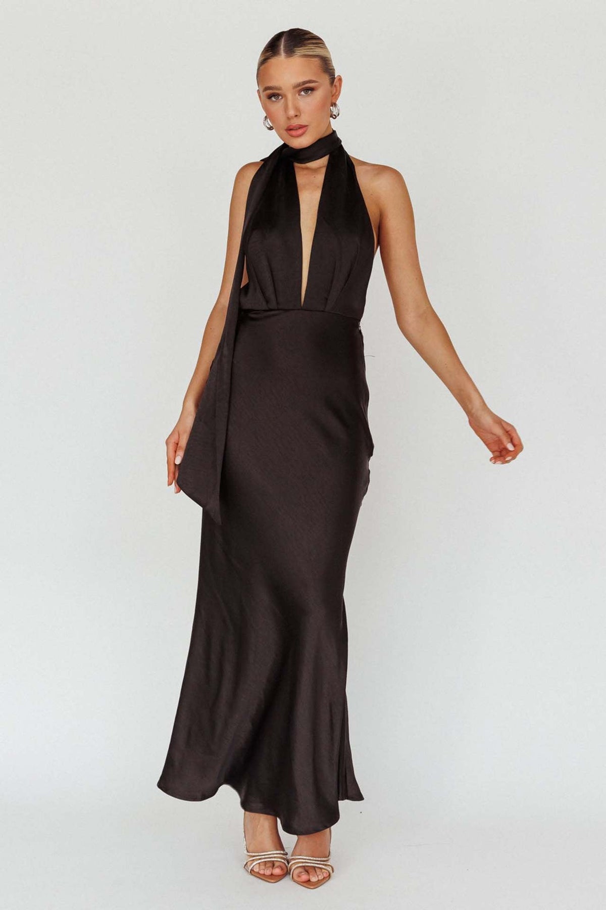 Satin Halter Neck Deep V-Neck Backless Slip Maxi Dress - View 12