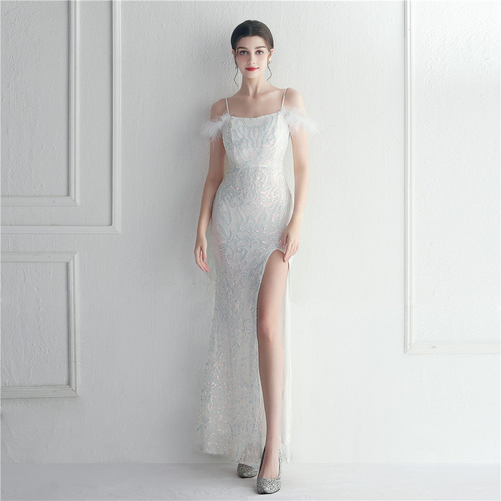 Sequin Feather Trim Spaghetti Strap High Split Mermaid Gown - View 8