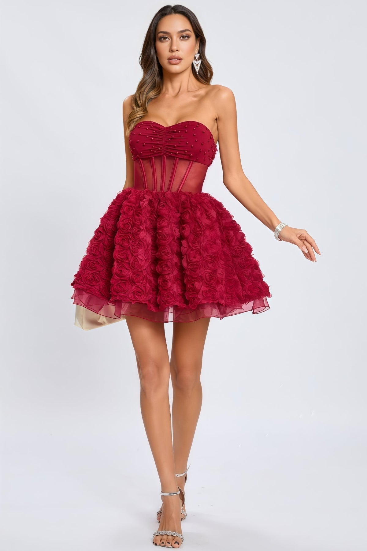 Beaded Strapless Corset 3D Rose Tulle Mini Dress