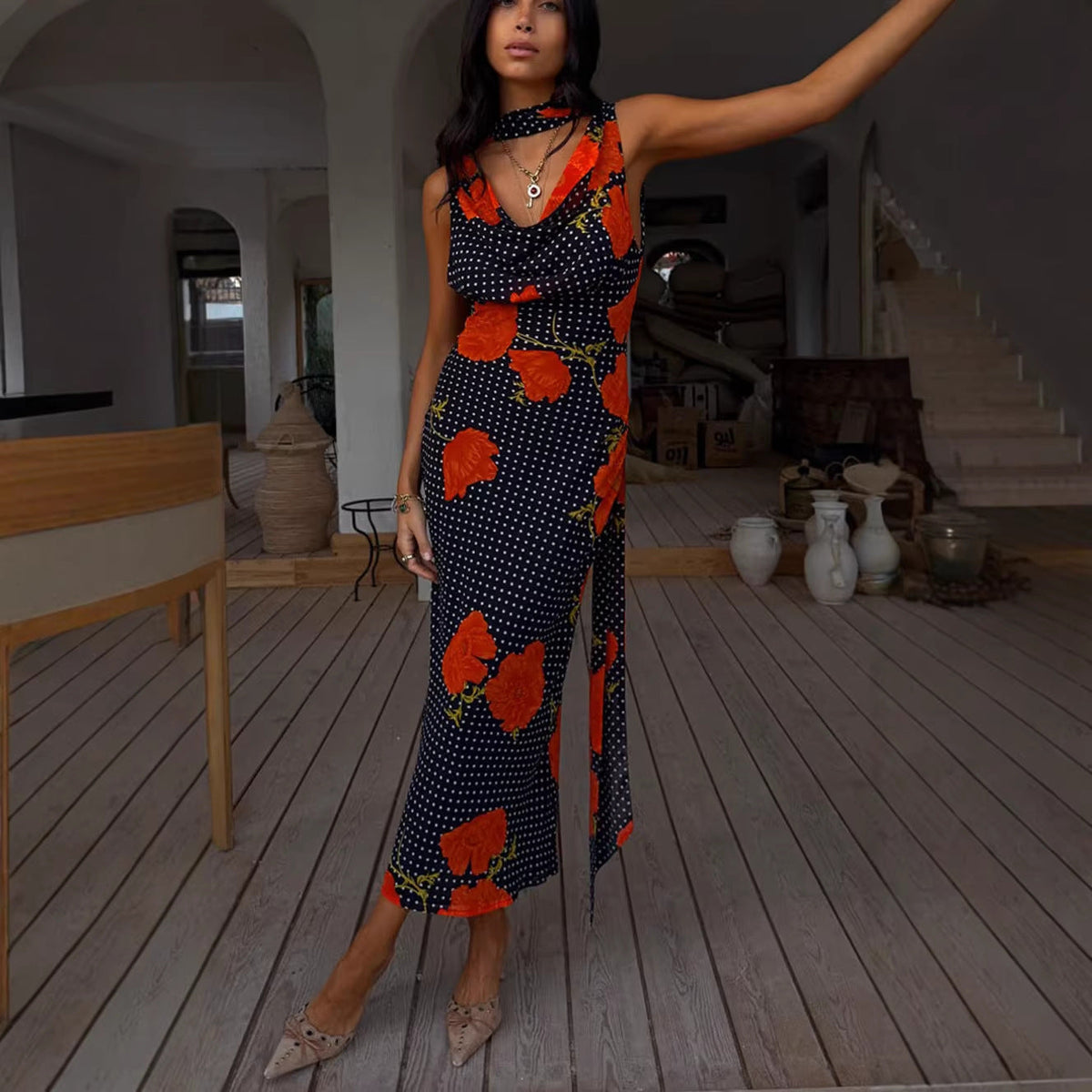 Cowl Neck Sleeveless Side Drape Neck Tie Midi Dress