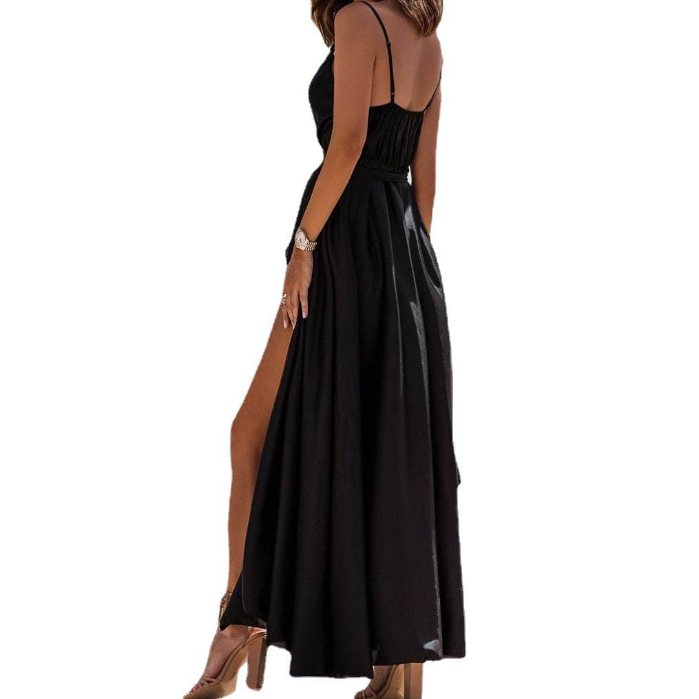 Satin Deep V-Neck Wrap Front Spaghetti Strap High Split Maxi Dress - View 5