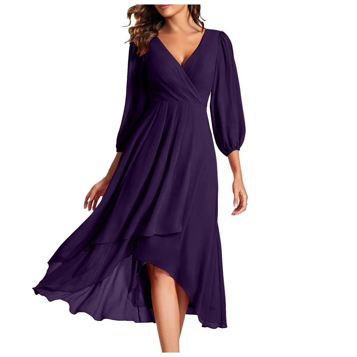 Chiffon V-Neck Long Sleeve High Low Midi Dress 5