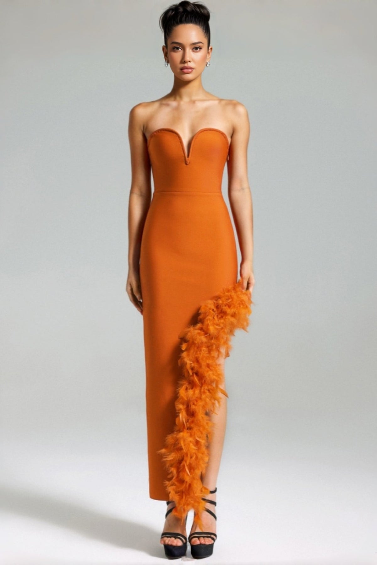 Yeli Feather Slant Hem Bandage Maxi Dress