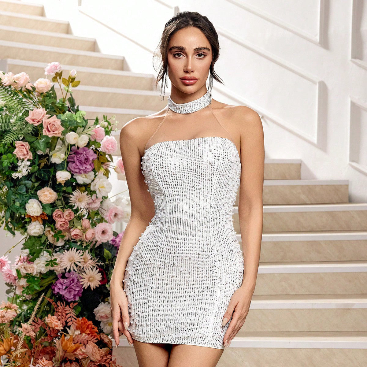 Sequin Pearl Beaded Halter Choker Collar Bodycon Cocktail Mini Dress - View 2