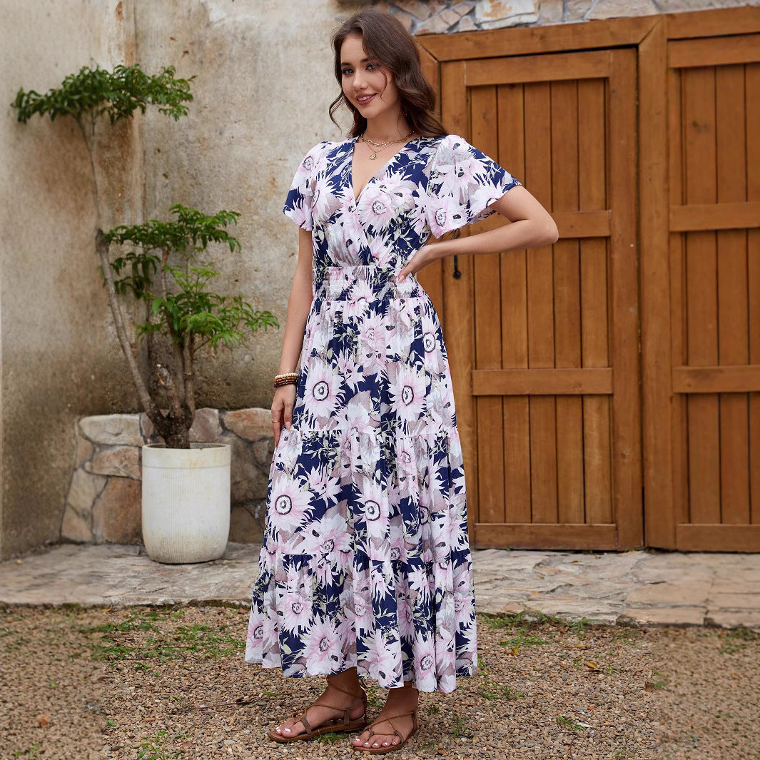 Floral V-Neck Flutter Sleeve Wrap High Low Maxi Dress 3