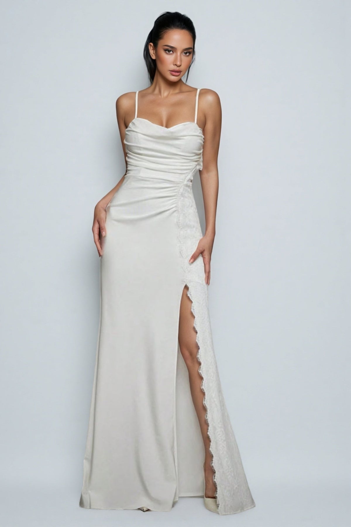 Xila White Split Satin Maxi Dress - View 4