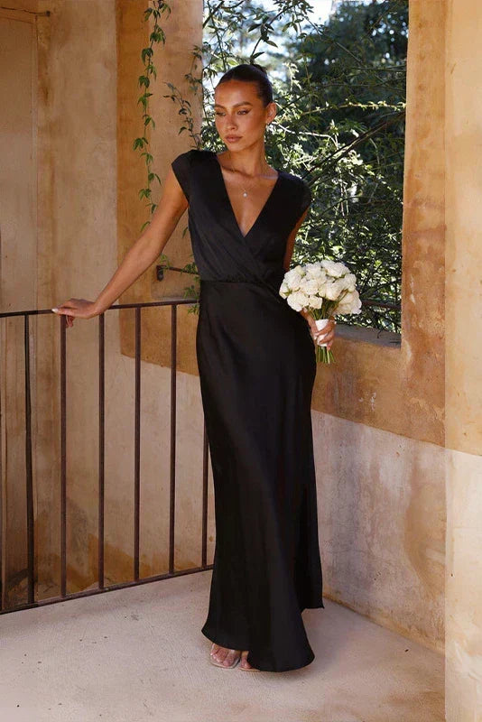 Satin Deep V-Neck Wrap Cap Sleeve Maxi Bridesmaid Gown
