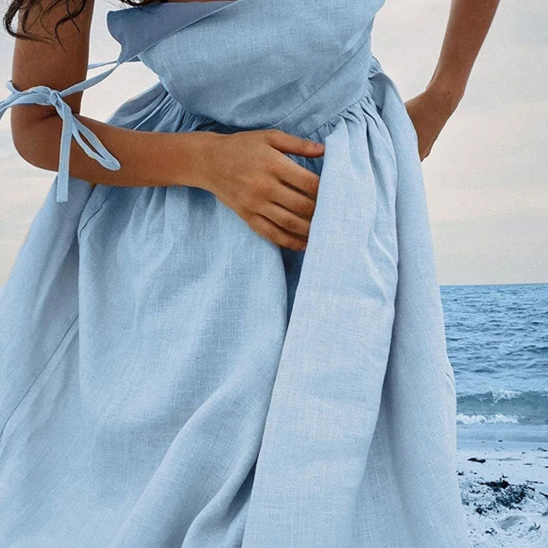 Backless Cotton Linen Lace Up Midi Dress - View 8