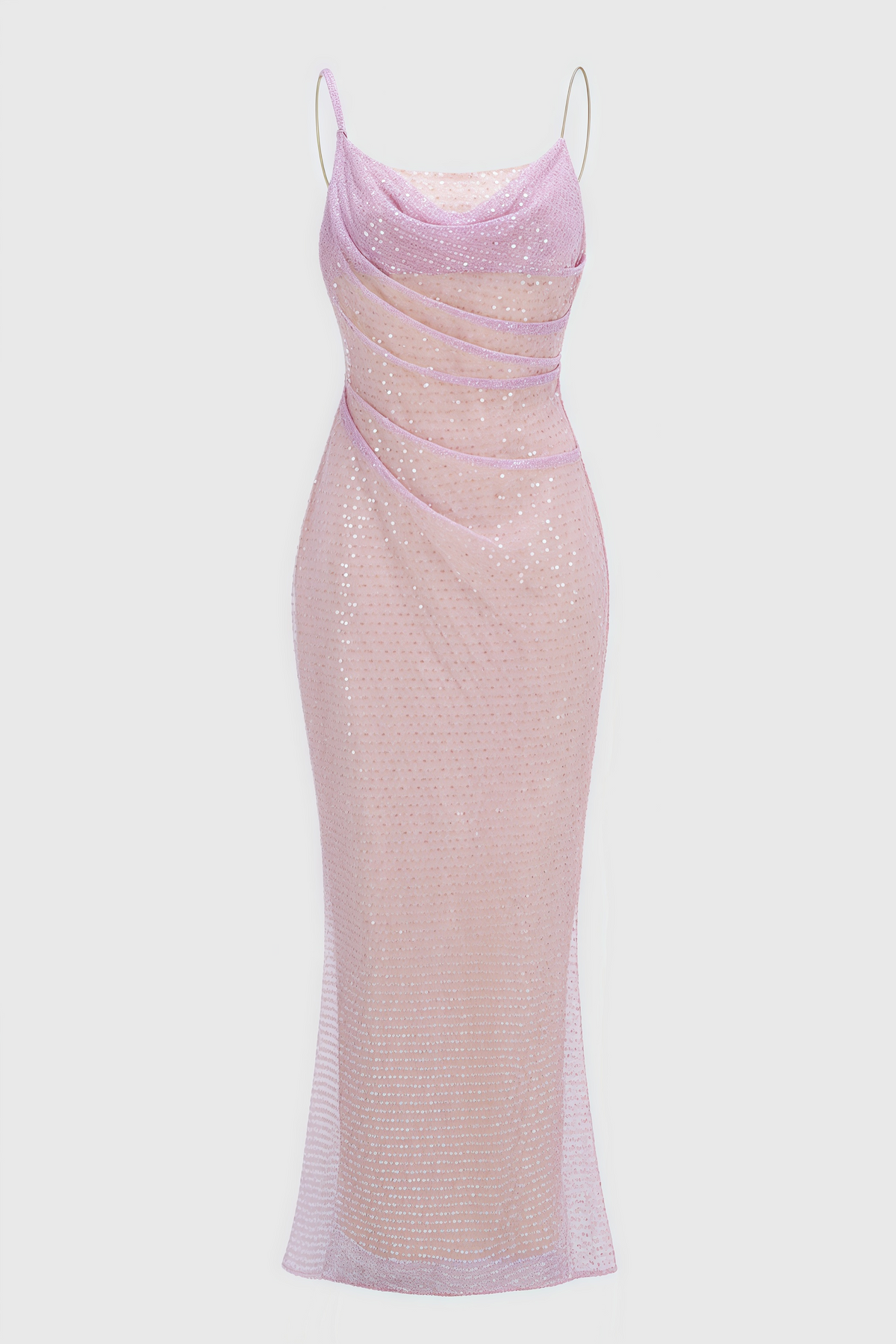 Sequin Cowl Neck Spaghetti Strap Ruched Mermaid Gown - View 3