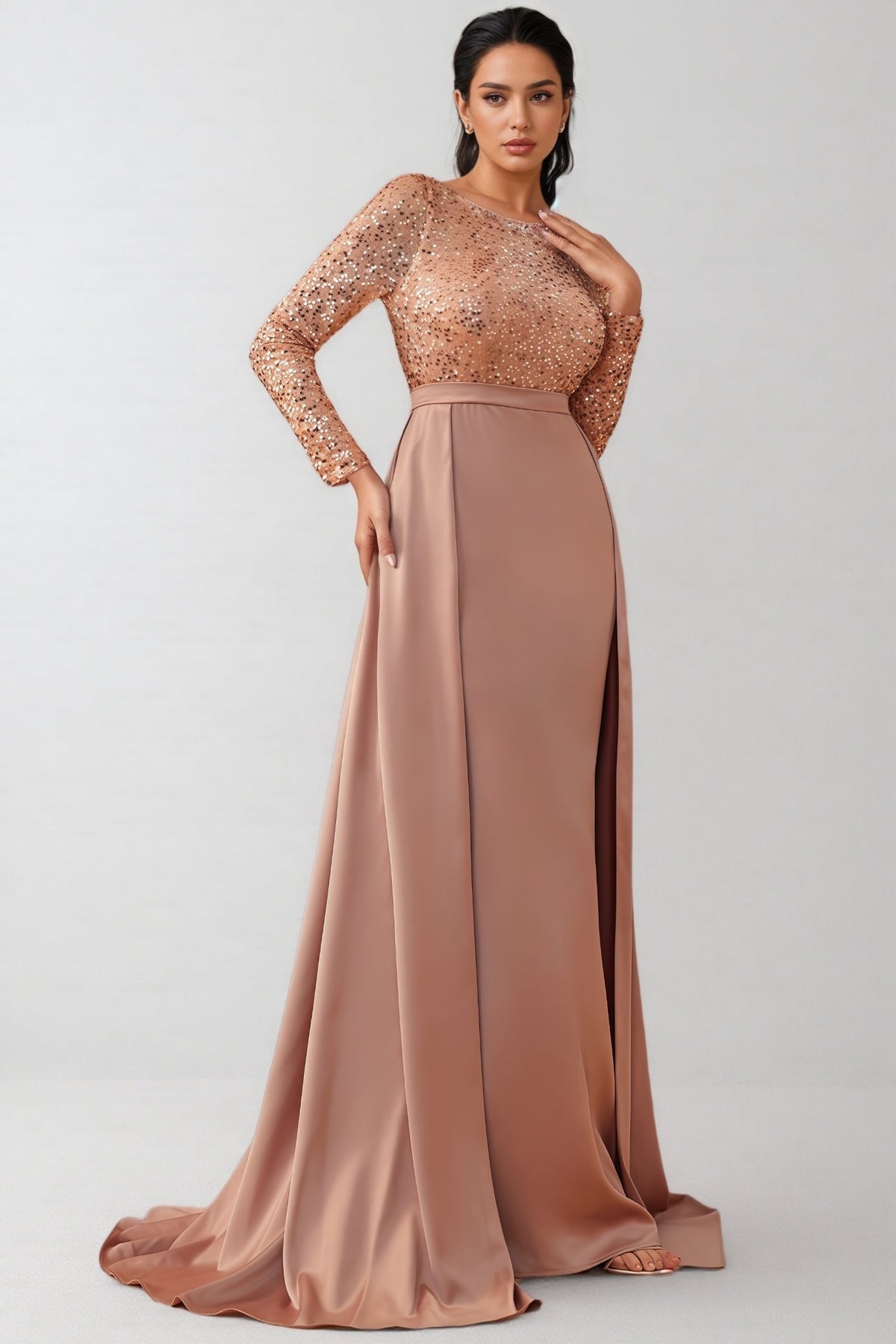Sequin Long Sleeve Round Neck Satin Maxi Dress - View 3