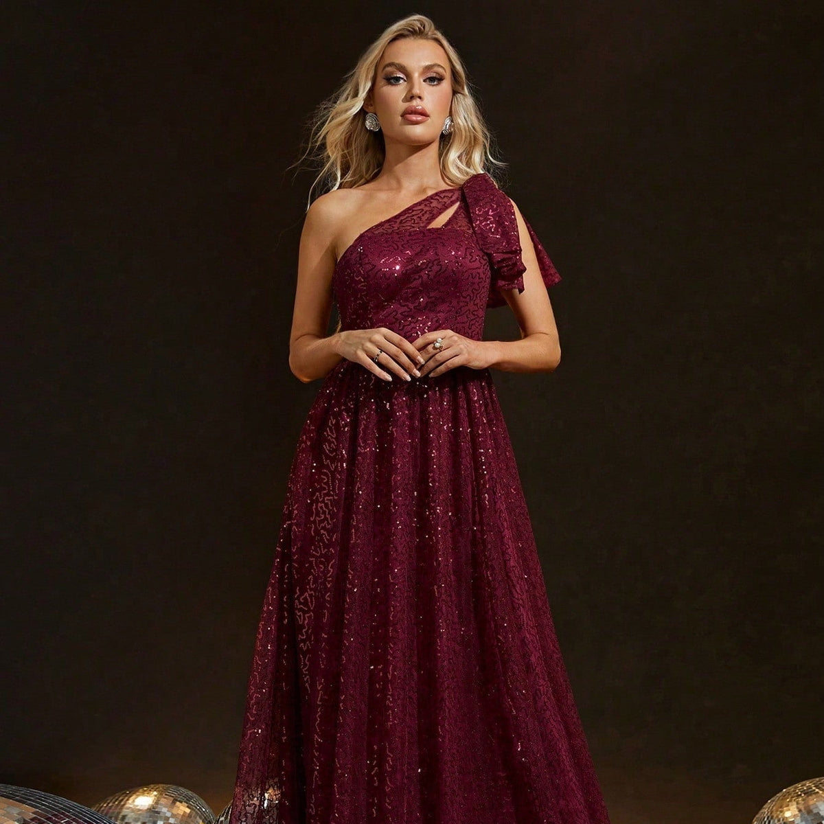 Sequin One Shoulder Cut Out Bow A-Line Maxi Gown