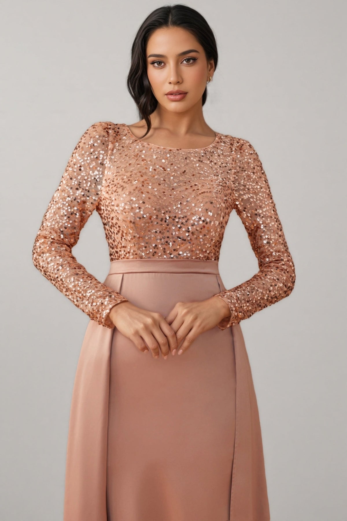 Sequin Long Sleeve Round Neck Satin Maxi Dress - View 5