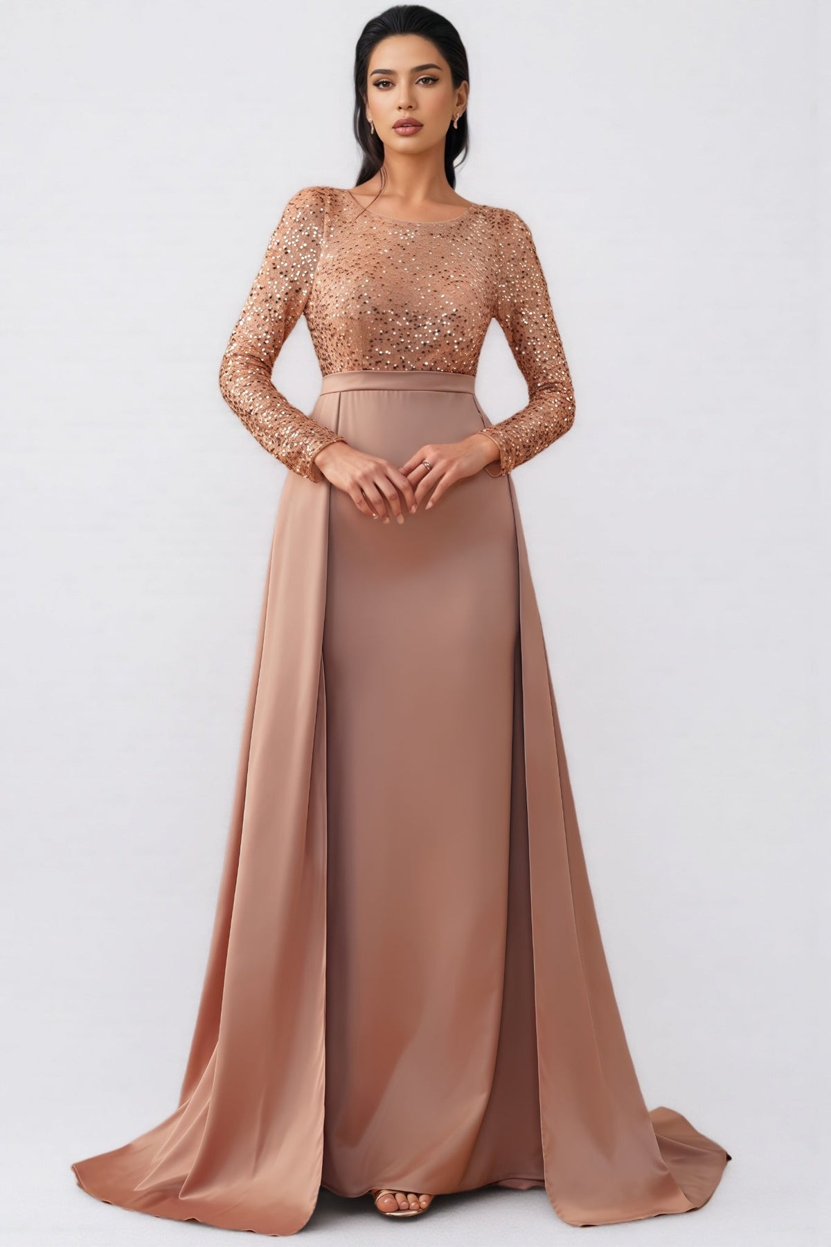 Sequin Long Sleeve Round Neck Satin Maxi Dress