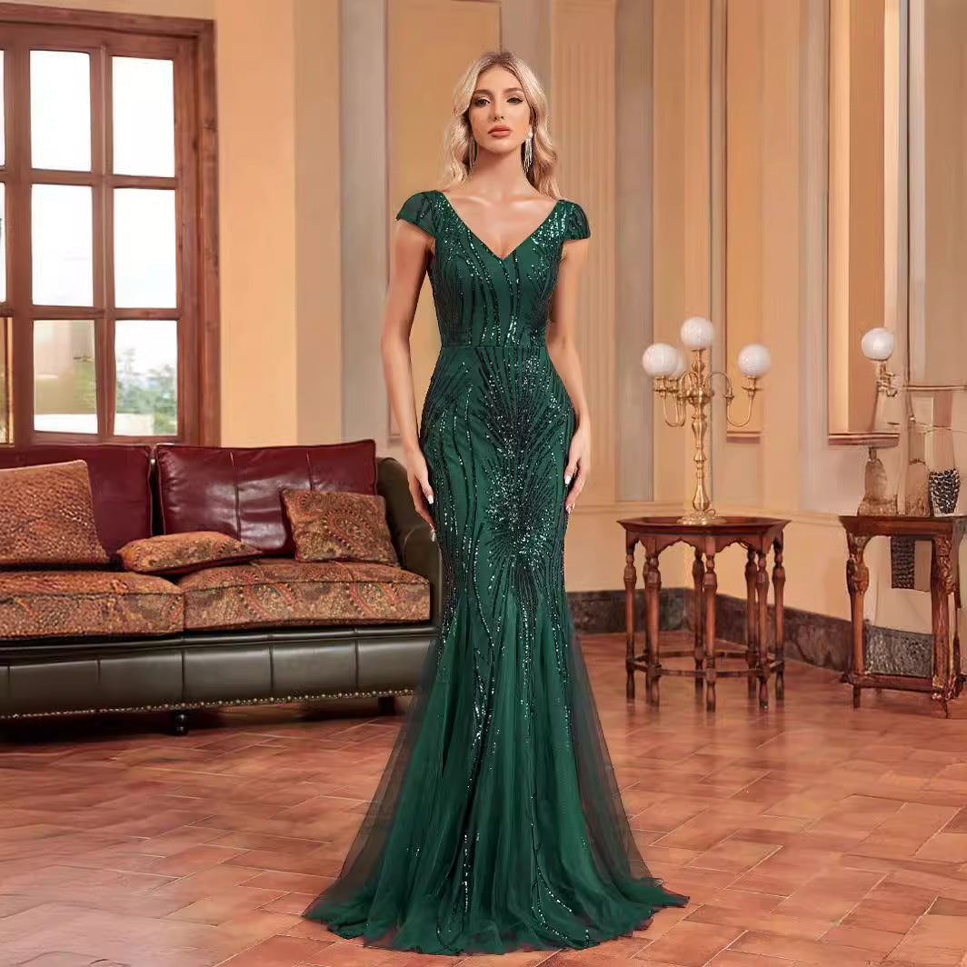 Sequin V-Neck Cap Sleeve Tulle Mermaid Maxi Gown