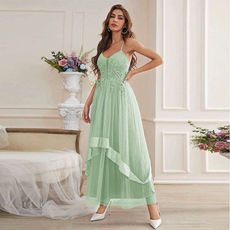 Mesh Tulle Lace Applique Spaghetti Strap V-Neck Tiered Maxi Gown