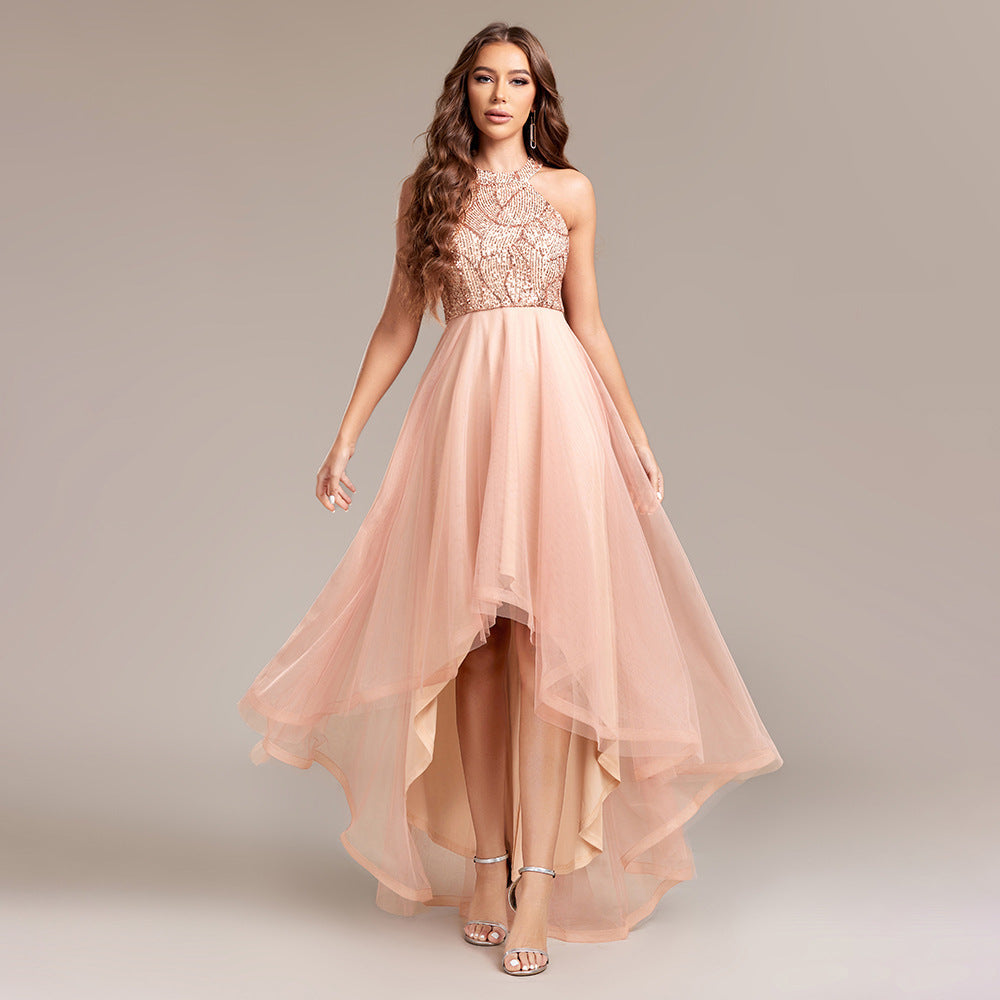 Halter Neck Sequin Tulle High Low A-Line Party Dress - View 5