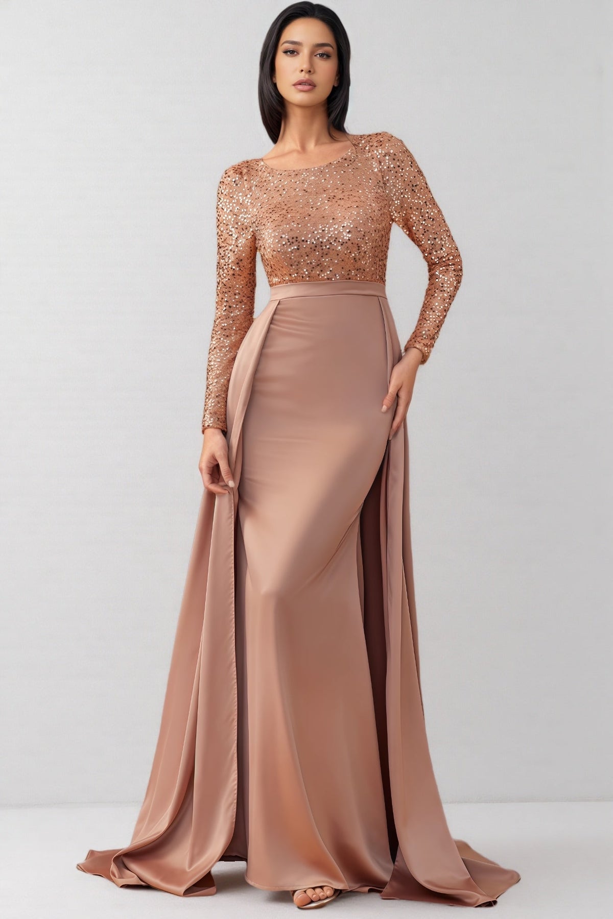 Sequin Long Sleeve Round Neck Satin Maxi Dress - View 2