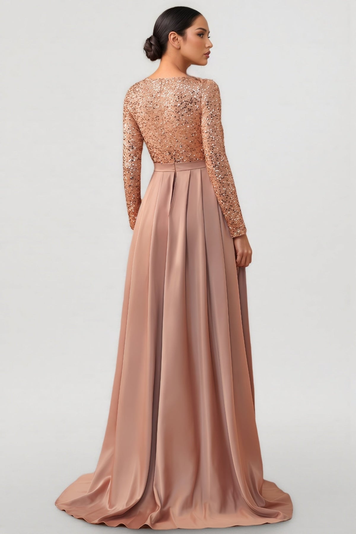Sequin Long Sleeve Round Neck Satin Maxi Dress - View 6