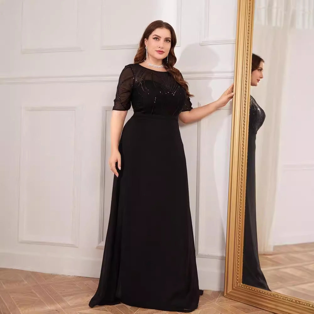 Beaded Round Neck Short Sleeve Chiffon A-Line Maxi Dress
