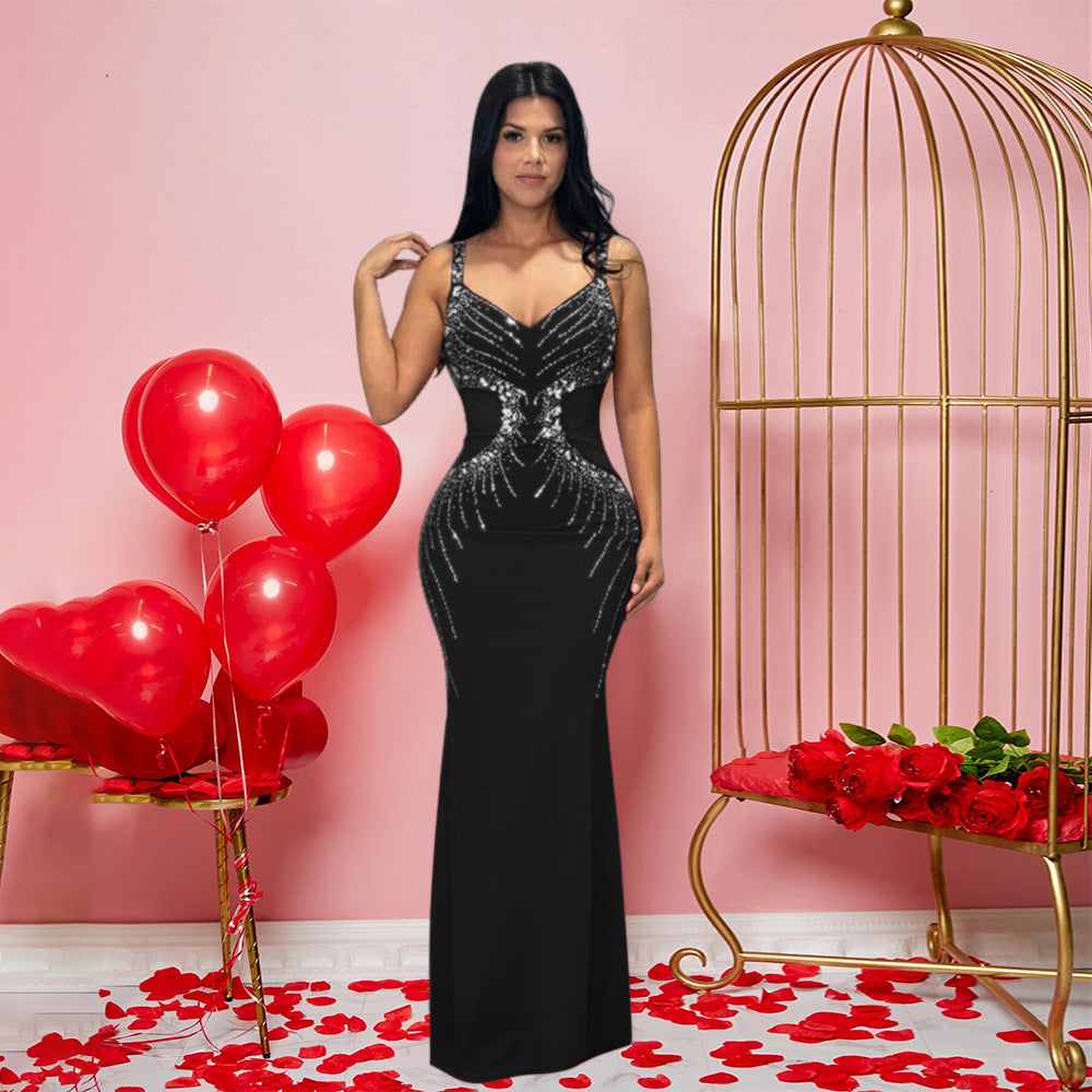 V neck Brace Maxi Dress Slim Fit Rhinestone Sheath Dress - View 2