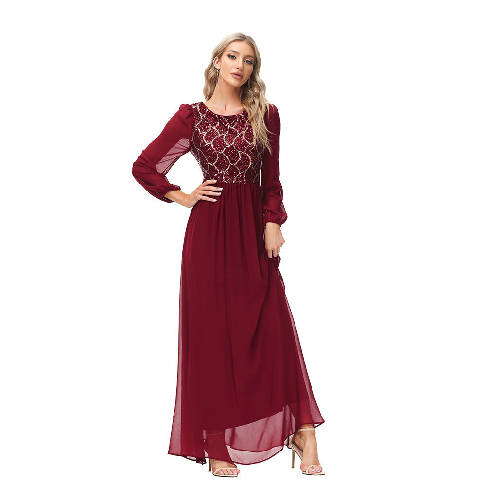 Sequin Round Neck Bishop Sleeve Chiffon A-Line Gown - View 5