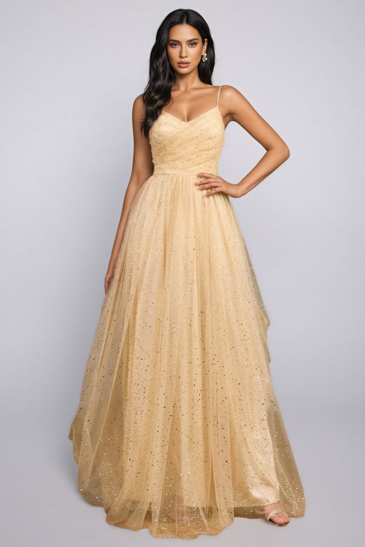 Glitter Tulle V-Neck Spaghetti Strap Ruched A-Line Maxi Gown