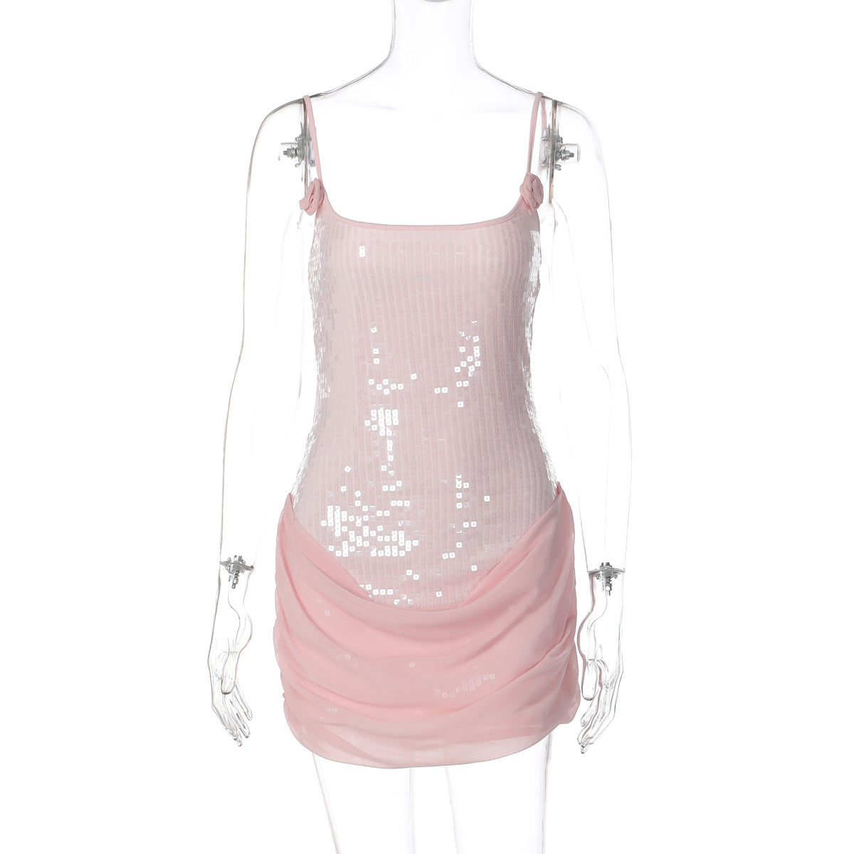 Sequin Spaghetti Strap Square Neck Rosette Ruched Bodycon Mini Dress - View 2