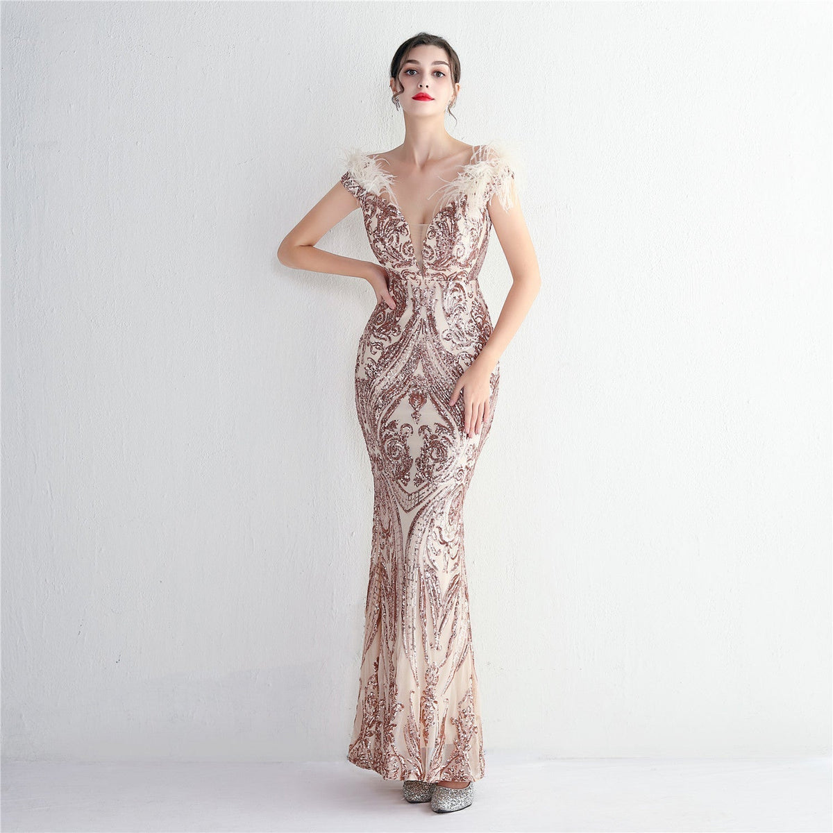 Off Shoulder Feather Deep V-Neck Sequin Mermaid Gown - View 5