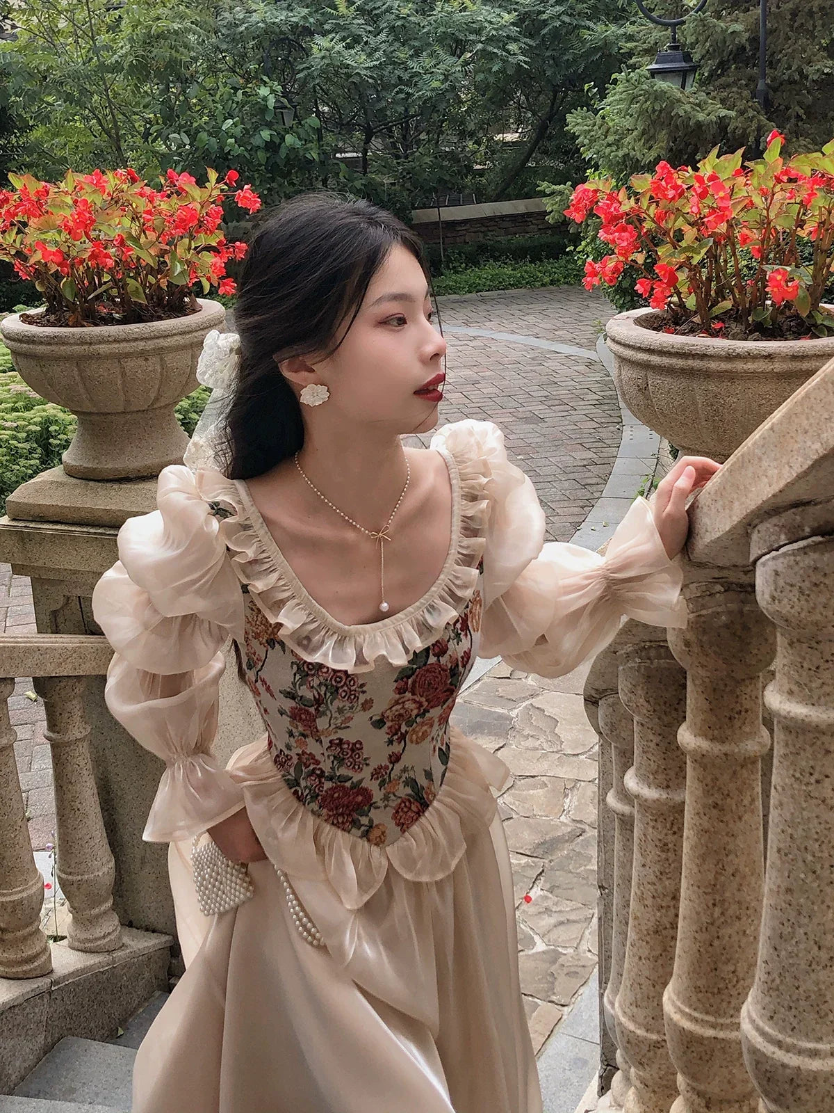 Floral Corset Puff Sleeve Square Neck Maxi Dress 6
