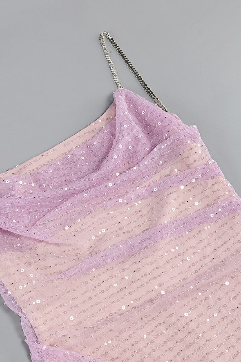 Sequin Cowl Neck Spaghetti Strap Ruched Mermaid Gown - View 5