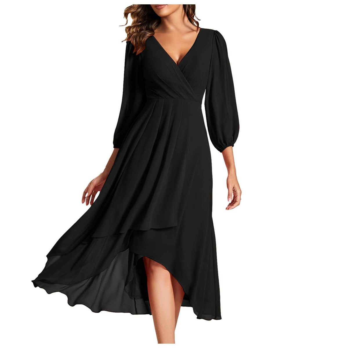 Chiffon Wrap V-Neck Puff Sleeve High Low Midi Dress 5