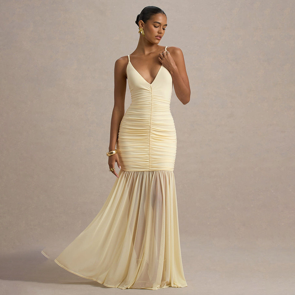 Straps Tulle Deep V Plunge Pleated Stitched Backless Maxi Dress
