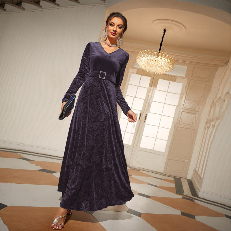 V neck Long Sleeve High Waist Lace up Velvet Elegant Dress