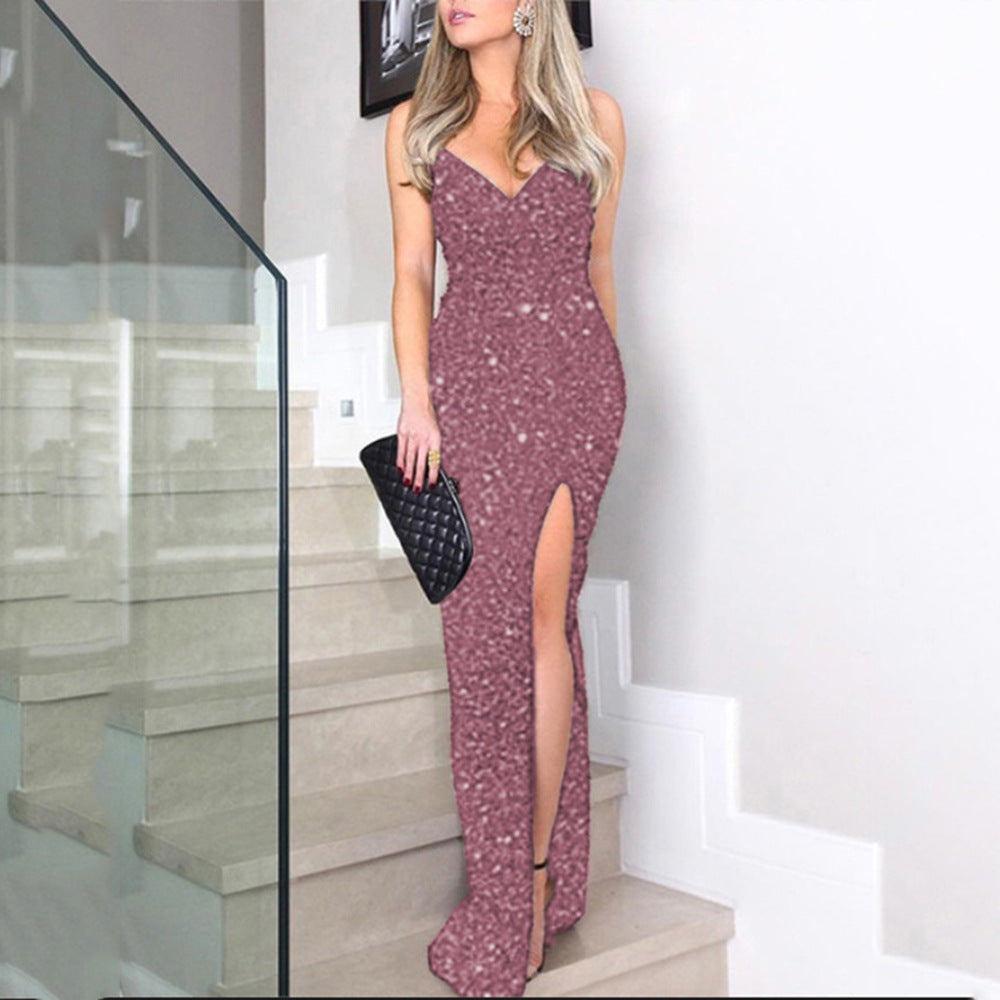 Sequin V-Neck Spaghetti Strap Ruched High Split Bodycon Maxi Dress - View 4