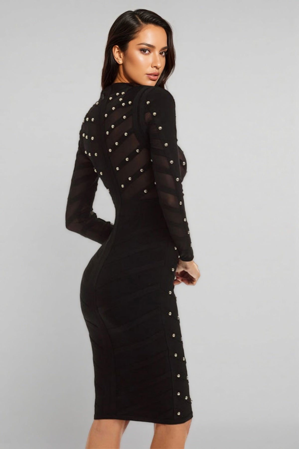 Georgiana Long Sleeve Mesh Bandage Midi Dress - View 5