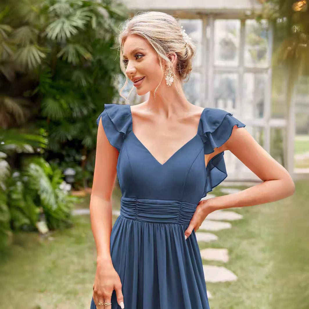 Chiffon V-Neck Ruffle Cap Sleeve Empire Waist A-Line Maxi Dress - View 3