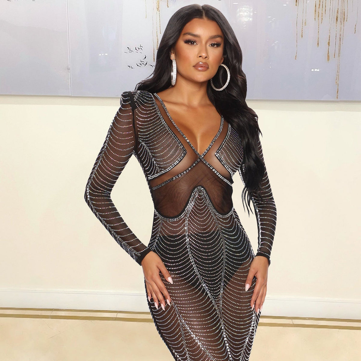 Rhinestone Mesh Deep V-Neck Long Sleeve Maxi Gown - View 3