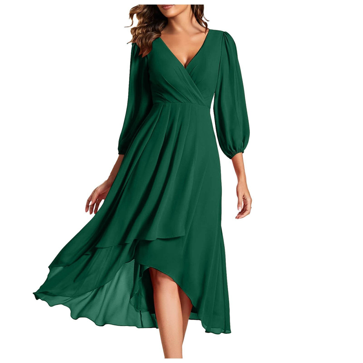 Chiffon Wrap V-Neck Puff Sleeve High Low Midi Dress 2