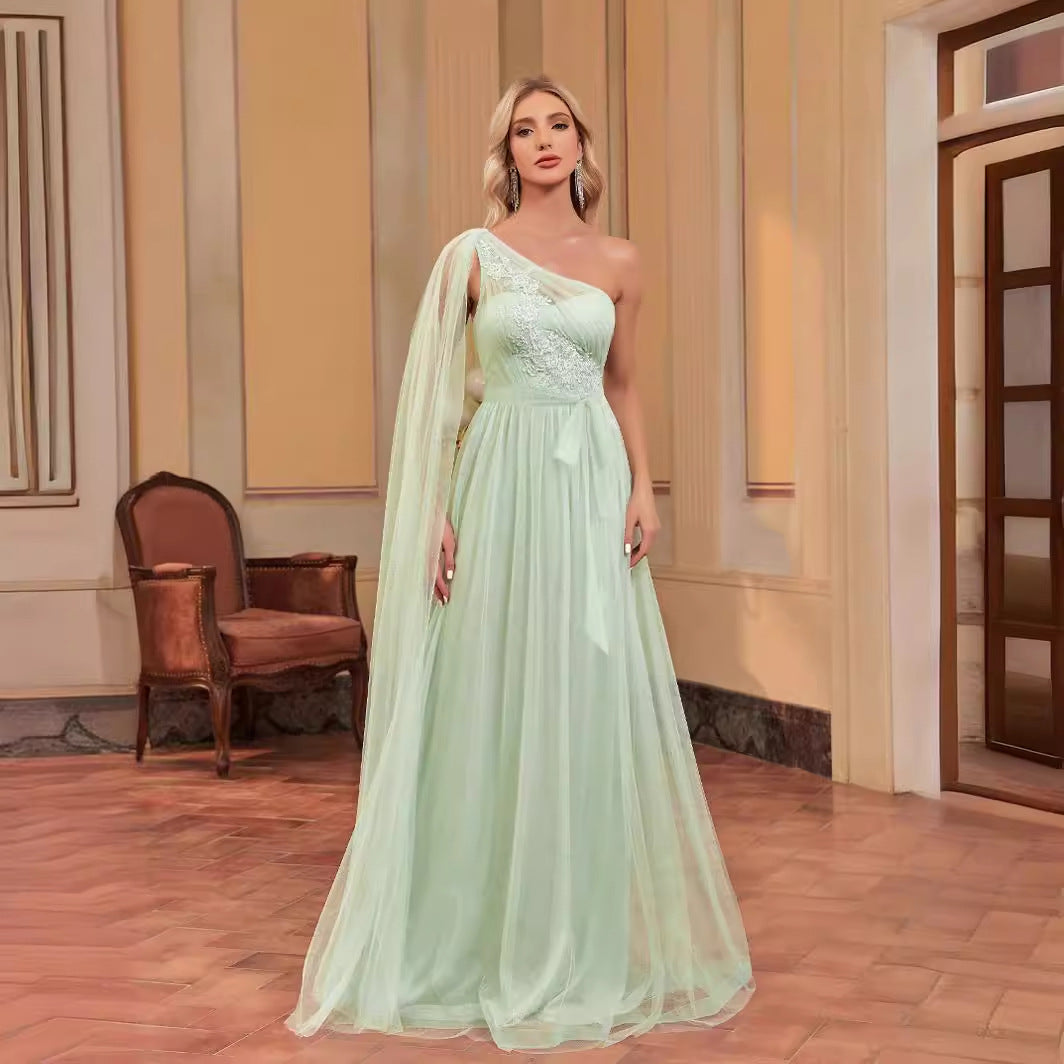 One Shoulder Cape Lace Applique A-Line Tulle Maxi Dress